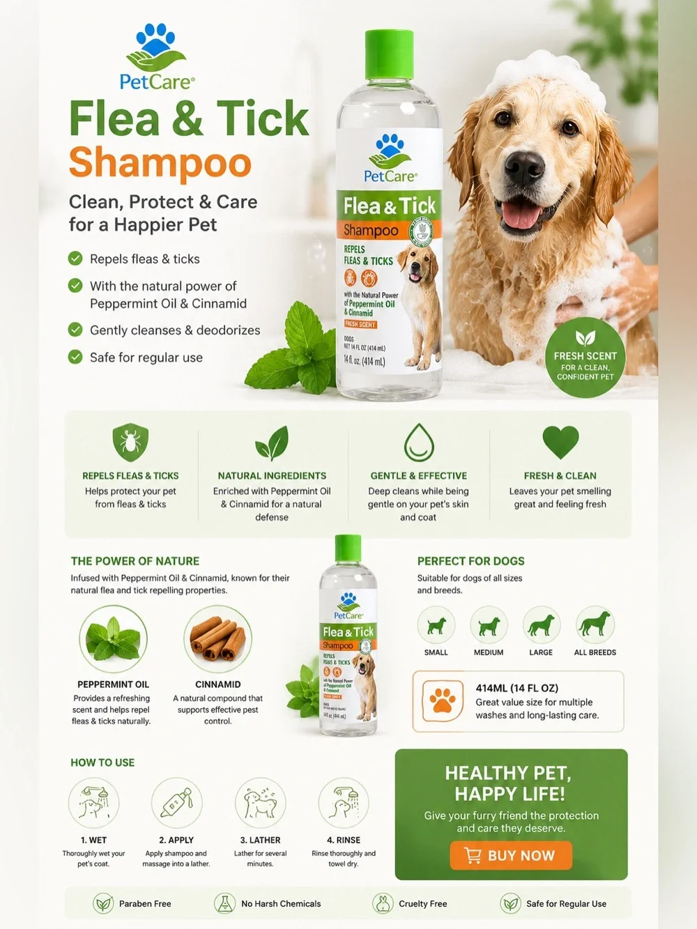 PLANT BASE | PetCare Flea & Tick Shampoo 414ml (14 fl oz) for Dogs | Fresh Sent